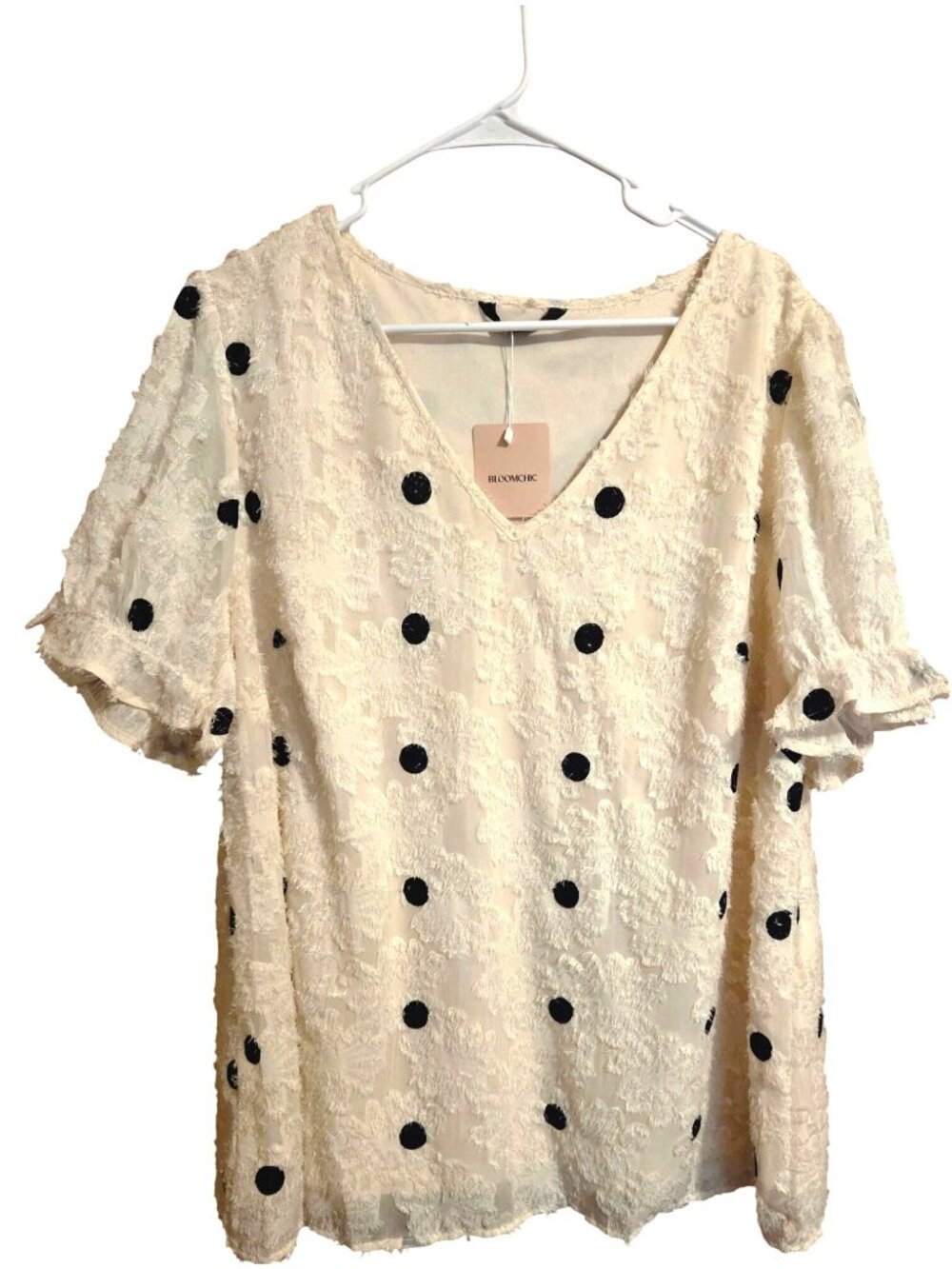 BloomChic Womens Plus-Size Textured Polka Dot V-Neck Blouse With Short Sleeves C